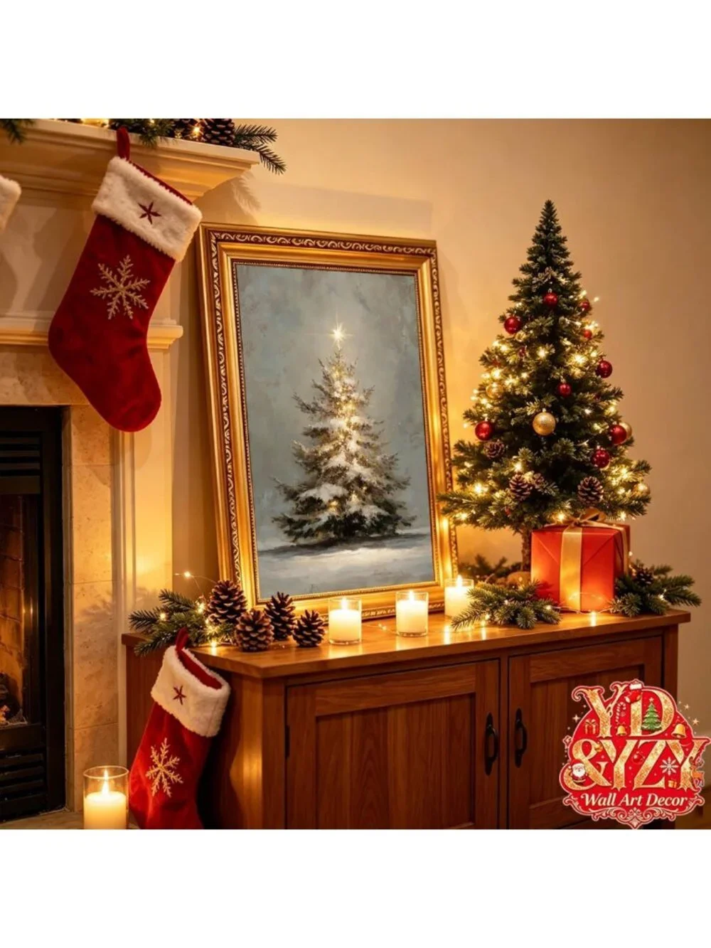 Vintage Snowy Christmas Tree Wall Art, 16x24 Inch Gold Framed Decor